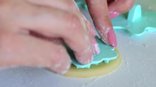 스탬프가있는 여성은 반죽의 공백에 장식을 적용합니다 마시멜로 샌드위치 만들기 — 비디오
