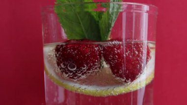 Masada bir bardak maden suyu var. Suda limon, çilek ve taze nane yaprakları bir dilim koydu. Gaz kabarcıklar görünür güzel oyun. Dikey kablolama. Kırmızı arka planda