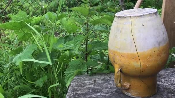 Vieille Cruche Céramique Fissurée Envers Debout Sur Support Bois Pourri — Video