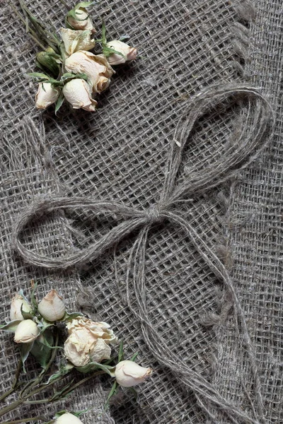 Coarse linen fabric. On it are dried beige roses and a bow of linen threads. — Stock Photo, Image