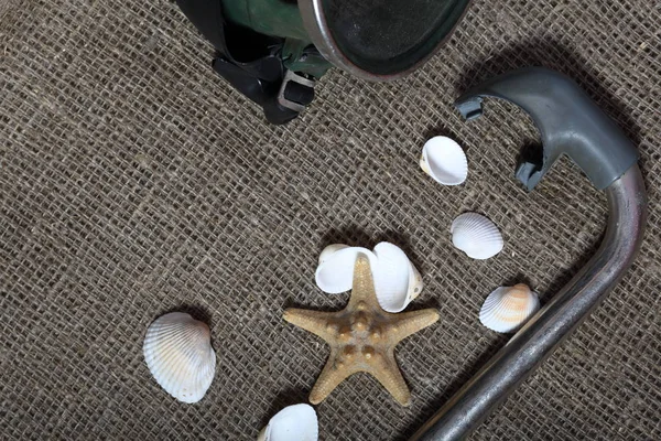 Denizyıldızı, kabuklar ve tüplü dalış için şnorkel ile bir maske. Onlar kaba bir keten kumaş üzerinde yalan.