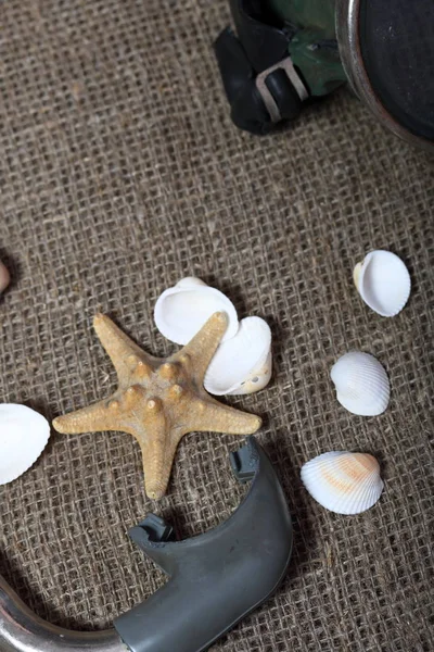 Denizyıldızı, kabuklar ve tüplü dalış için şnorkel ile bir maske. Onlar kaba bir keten kumaş üzerinde yalan.