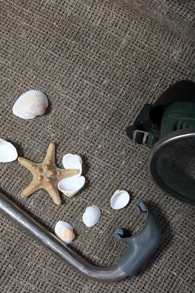 Denizyıldızı, kabuklar ve tüplü dalış için şnorkel ile bir maske. Onlar kaba bir keten kumaş üzerinde yalan.