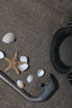 Denizyıldızı, kabuklar ve tüplü dalış için şnorkel ile bir maske. Onlar kaba bir keten kumaş üzerinde yalan.