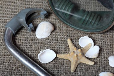 Denizyıldızı, kabuklar ve tüplü dalış için şnorkel ile bir maske. Onlar kaba bir keten kumaş üzerinde yalan.