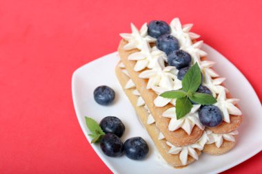 İtalyan savoyardi kurabiye ve krema yapılmış kek. Yaban mersini ve nane yaprakları ile dekore edilmiştir. Mercan renginin arka planına karşı.