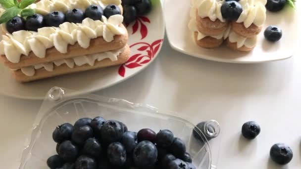 Cakes Gemaakt Van Savoiardi Koekjes Room Versierd Met Blauwe Bessen — Stockvideo