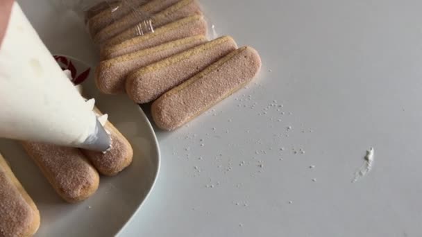 女性はサヴォイアルディクッキーにクリームバラを作ります ペストリーバッグの使用 — ストック動画