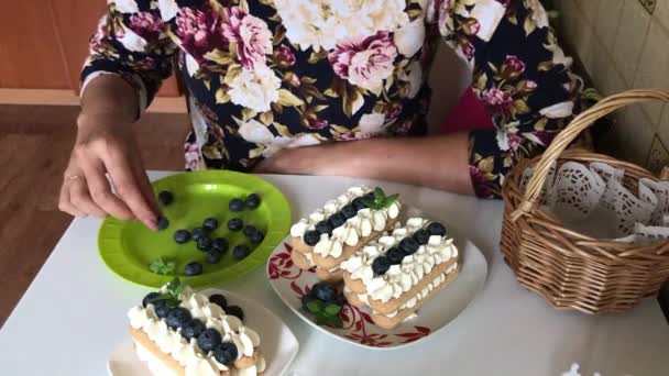 一个女人装饰用萨沃雅迪饼干和奶油做的蛋糕 用蓝莓和薄荷装饰 — 图库视频影像