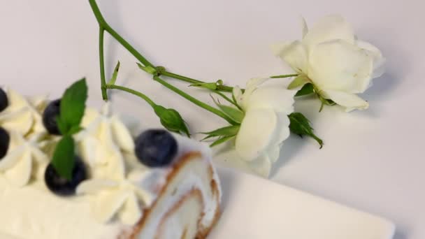 Gâteau Éponge Recouvert Crème Garni Bleuets Secs Feuilles Menthe Fraîche — Video