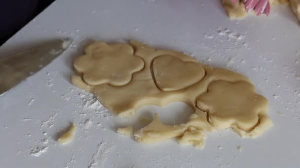 Table Lies Rolled Dough Cookies Squeezed Out Using Mold Woman — Stock Video