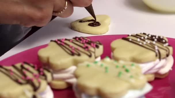 Los Bocadillos Malvavisco Yacen Plato Revestimiento Decorativo Visible Chocolate Mujer — Vídeos de Stock