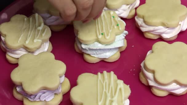 做一个棉花糖三明治 一个女人撒上装饰性的巧克力饼干 棉花糖和饼干的制剂放在盘子里 — 图库视频影像