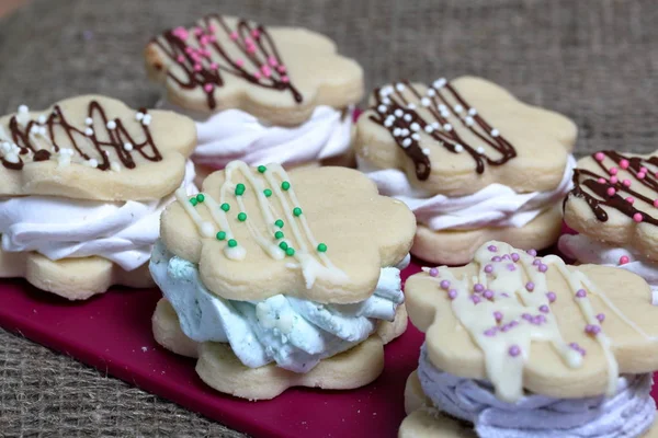 Sanduíche de marshmallow decorado com chocolate e polvilhas decorativas. Conjunto com decoração de cores diferentes. Imagem de close-up . — Fotografia de Stock