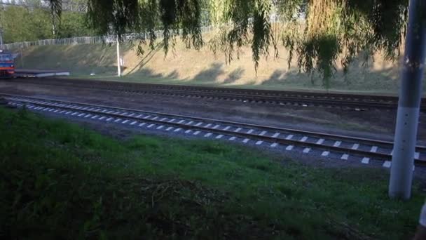 A young man walks along the railway tracks. A commuter train is moving towards it. — Stock Video