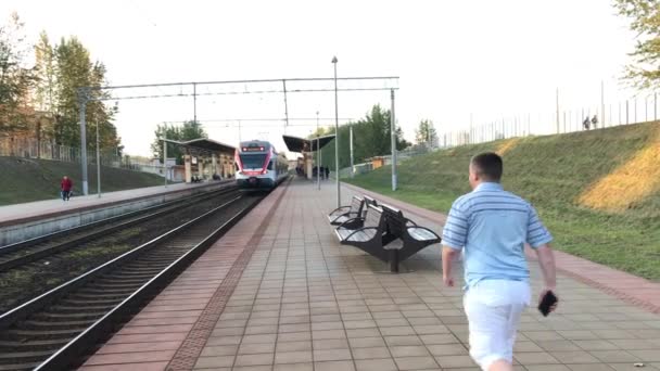若い男が立っている通勤電車にプラットホームに沿って走る. — ストック動画