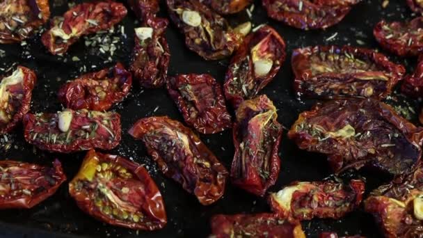 Sun Dried Tomatoes Spices Garlic Baking Sheet Top Them Lies — Stock Video