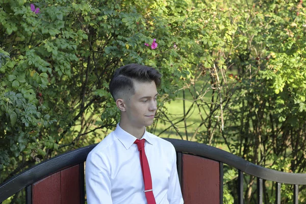 Şık giyimli genç adam bir park bankında oturur ve düşünceli yan görünüyor. — Stok fotoğraf