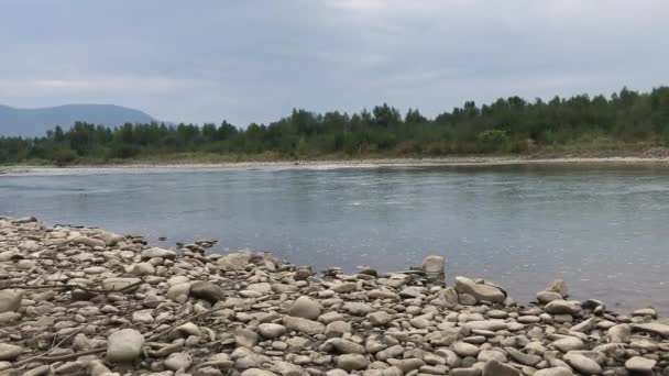 Strumień Wody Górskiej Rzeki Płynie Spokojnie Dolinie Skaliste Brzegi Widoczne — Wideo stockowe