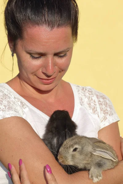 Una mujer tiene un conejo en sus manos. Presiona el pecho. Se encuentra en el patio de un patio privado . —  Fotos de Stock