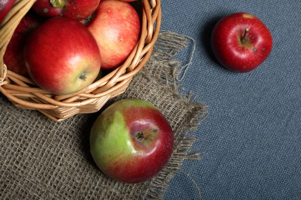Weidenkorb mit reifen saftigen Äpfeln. In der Nähe liegen ein paar Äpfel. Neue Ernte. auf grauem Hintergrund. Blick von oben. — Stockfoto