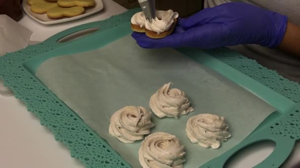 Γυναίκα Κάνει Σάντουιτς Marshmallow Εφαρμόζεται Marshmallow Μπισκότα Και Θέσεις Ένα — Αρχείο Βίντεο
