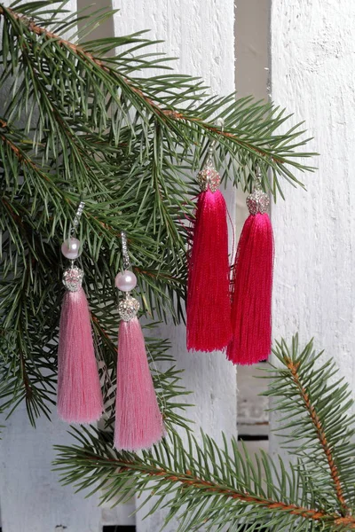 An einem Fichtenzweig hängen rosa Quasten-Ohrringe. vor dem Hintergrund einer weißen Holzkiste. — Stockfoto