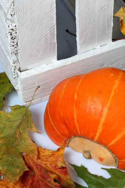 La moitié d'une citrouille orange repose sur une surface blanche. A proximité se trouve une boîte de planches en bois peintes en blanc. Décoré avec des feuilles d'automne colorées . — Photo