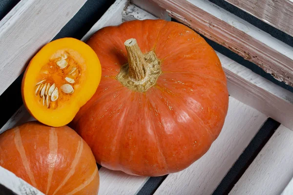 Rijp sinaasappelpompoenen. Ze liggen op verschillende oppervlakken. — Stockfoto