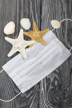 Tıbbi maske, deniz kabuğu ve çam ağaçlarının üzerine siyah beyaz boyanmış deniz yıldızı. Salgın sırasında deniz tatili.