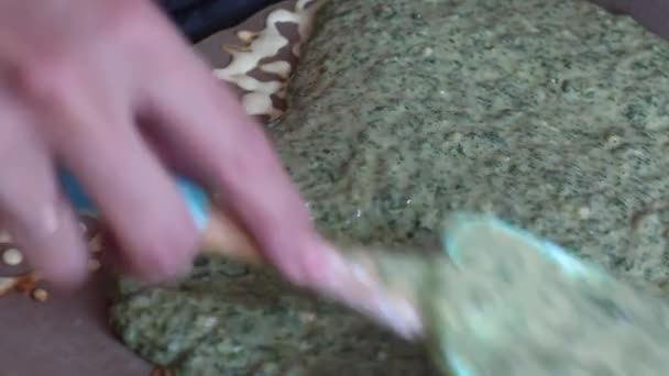 Een vrouw verdeelt het deeg met gehakte spinazie en munt op een bakplaat met gebakken patronen. Het proces van het maken van Zwitserse roll. — Stockvideo