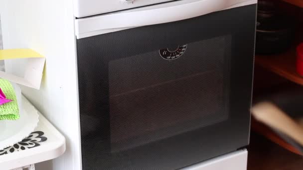 La mujer pone en el horno una bandeja para hornear con un patrón de masa. El proceso de hacer rollo suizo . — Vídeos de Stock