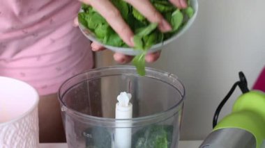 Bir kadın blender kasesine nane yaprağı ekler. İsviçre dürümü yapma süreci. Yakın çekim..