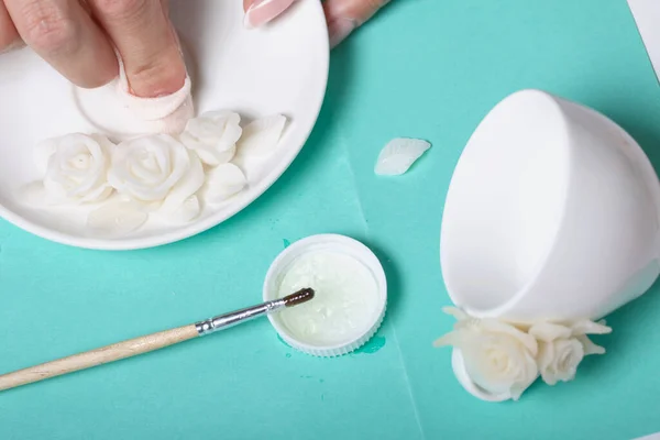 Roses Petals Made White Polymer Clay Woman Sticks Them Saucer — Stock Photo, Image