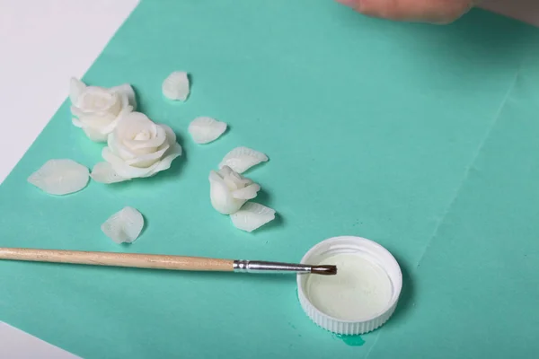 Roses Petals Made White Polymer Clay Glue Brush Crafts Polymer — Stock Photo, Image
