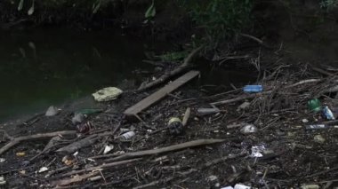 Şehir parkındaki kirli bir nehrin suları. Çöpler ve şişeler. Yukarıdan, kıyıdan çekilmiş..