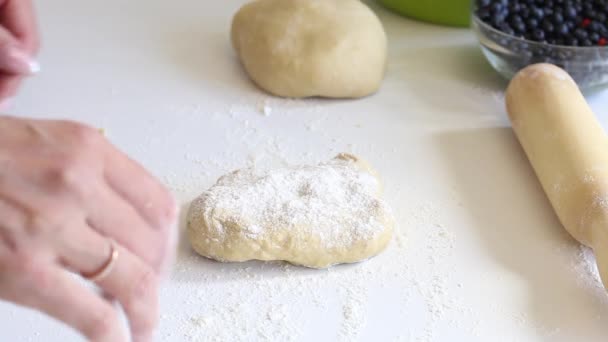 Une femme déploie la pâte pour faire des boulettes. Suivant sur la table sont des bleuets pour le remplissage. — Video