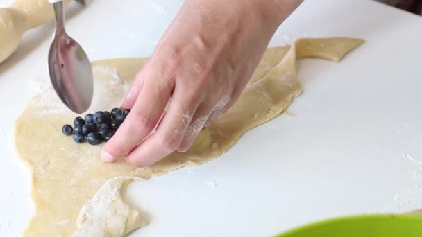 Eine Frau bereitet Knödel mit Blaubeeren zu. Beeren in ausgerollten Teig geben. Nahaufnahme. — Stockvideo