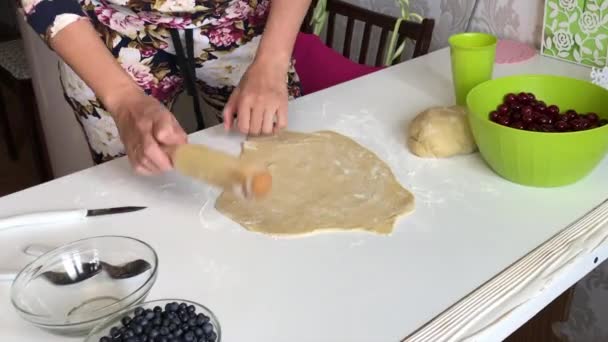 Žena připravuje knedlíky s borůvkami. Dává bobule do rolovaného těsta. — Stock video