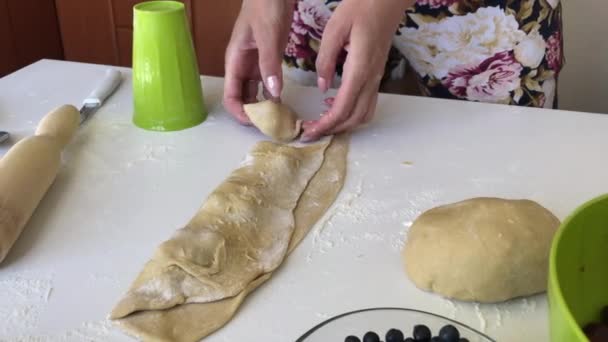 Egy nő gombócot készít egy pohárral. Kivonja a tészta kívánt formáját. Főzőgombóc áfonyával és cseresznyével — Stock videók