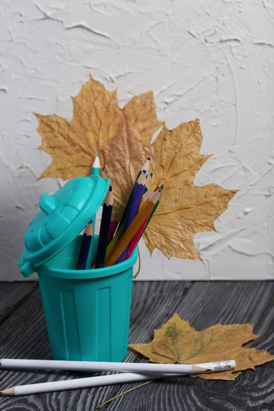 A pencil case in the form of a trash can. It contains colored pencils. Dried maple leaves are added to the compositions.