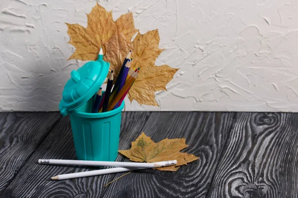 A pencil case in the form of a trash can. It contains colored pencils. Dried maple leaves are added to the compositions.