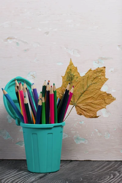 A pencil case in the form of a trash can. It contains colored pencils. Dried maple leaves are added to the compositions.