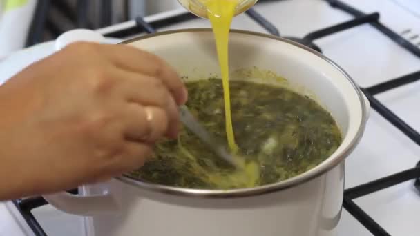 L'homme ajoute des œufs de poulet mélangés au bouillon de poulet. Cuire la soupe à l'oseille. Aliments régionaux. — Video