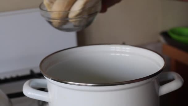 Um homem põe bolinhos de mirtilo em água fervente. A panela está no fogão a gás. Imagem de close-up . — Vídeo de Stock