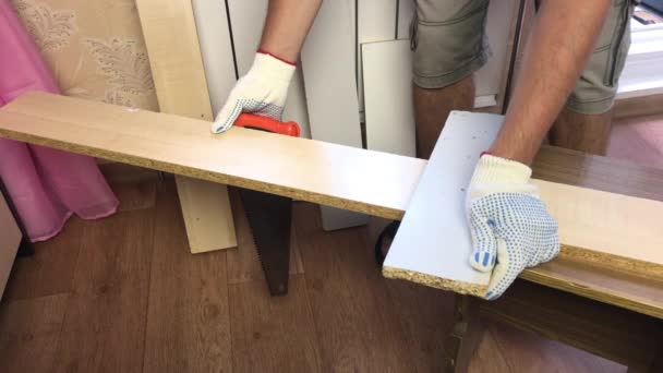 Een man zaagt een plank met een ijzerzaag. Zag langs een gids van trim. meubelen thuis maken. — Stockvideo