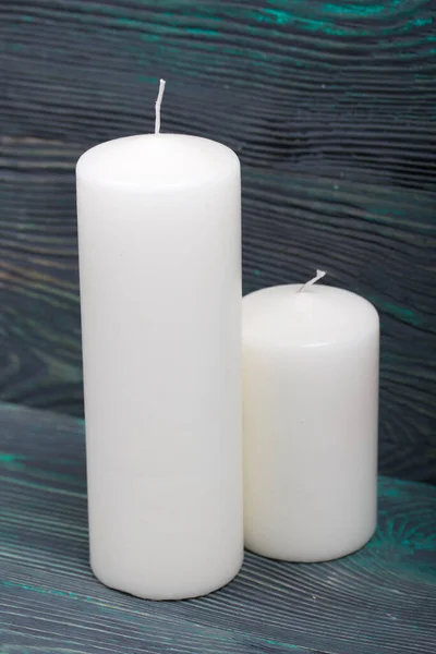 Two Large White Candles Love Togetherness Objects Painted Boards — Stock Photo, Image