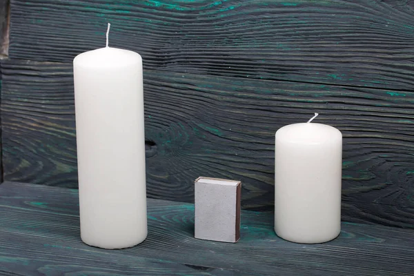 Two Large White Candles Them Box Matches Love Togetherness Objects — Stock Photo, Image