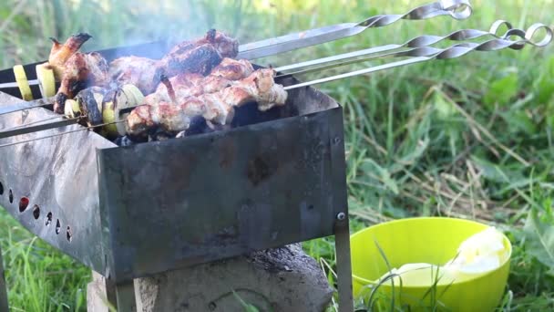 Grill na grillu. Smażone mięso i warzywa widoczne są na szaszłykach. Dym emanuje z węgla. Kucharz dopasowuje szaszłyki. — Wideo stockowe