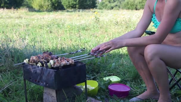 Evli bir çift ızgarada barbekü hazırlıyor. Adam kömürlere hava üflüyor. Kadın şişleri ayarlıyor. Duman kömürlerden yayılıyor. — Stok video